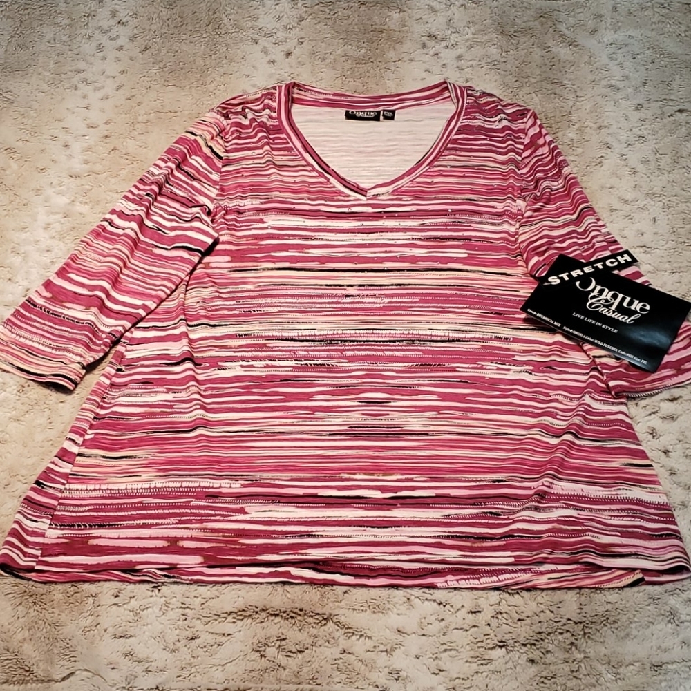 Onque Casual Pink White Petite Fit Striped Jewel Embellished 3/4 Sleeve Top NWT - Picture 3 of 8